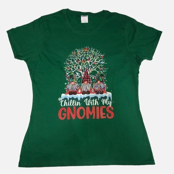 Port and Company Tops - Christmas Shirt Size Large Chillin With My Gnomies Graphic Short Sleeve Green